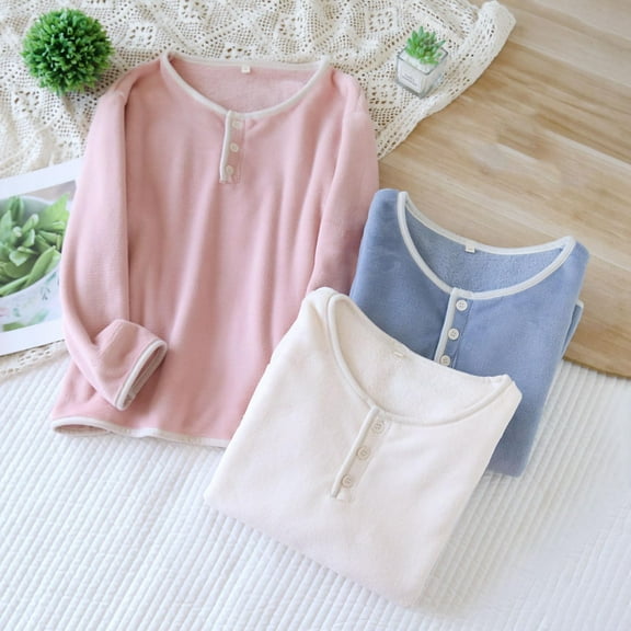 Women's Winter Pajama Blouses Casual Thickened Velvet Long Sleeve Solid Color Buttons Crew Neck Warm Lounge Shirts