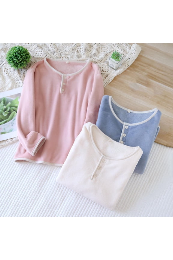 Women's Winter Pajama Blouses Casual Thickened Velvet Long Sleeve Solid Color Buttons Crew Neck Warm Lounge Shirts