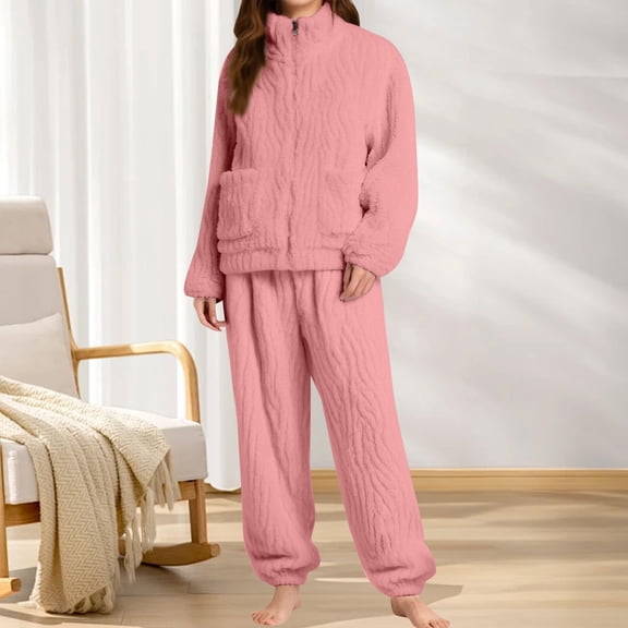 Women's Winter Pajama Set, Double-Sided Fleece Zip Front Jacket with Stand Collar and Pockets, Cuffed Ankle Pants, Warm Thermal Sleepwear, Cozy Loungewear Set Pink XXL