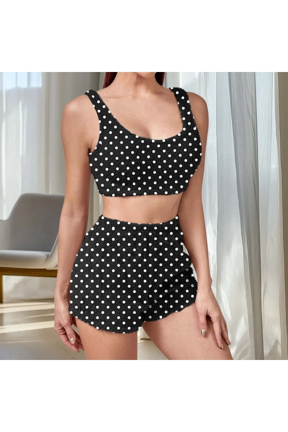 Women's Winter Pajamas Short Set Double-Sided Velvet Homesuit Cropped Tank Tops with Shorts Pants Loungewear Fleece Outfits Black M