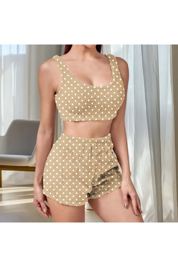 Women's Winter Pajamas Short Set Double-Sided Velvet Homesuit Cropped Tank Tops with Shorts Pants Loungewear Fleece Outfits Khaki M