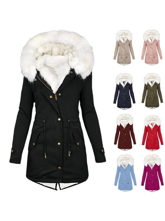 Women's Winter Parka Coat, Faux Fur Hood Warm Fleece Lined Jacket, Zipper Drawstring Waist Mid Length Outerwear, Casual Winter Coats with Pockets