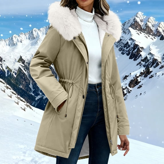 Women's Winter Parka Coats Soft Fleece Sherpa Lined Drawstring Snow Jacket With Hood Beige XXL