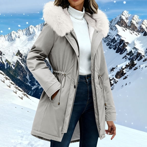 Women's Winter Parka Coats Soft Fleece Sherpa Lined Drawstring Snow Jacket With Hood Gray XXL