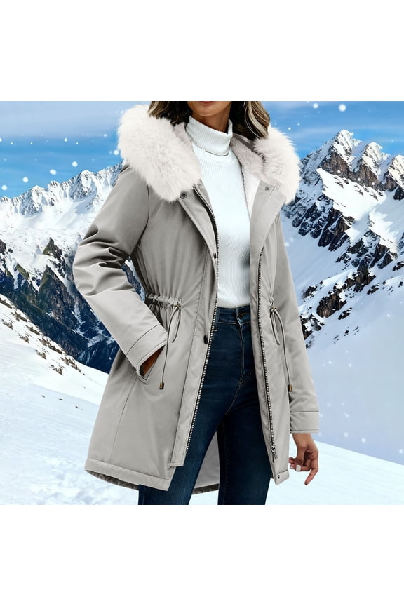 Women's Winter Parka Coats Soft Fleece Sherpa Lined Drawstring Snow Jacket With Hood Gray XXL