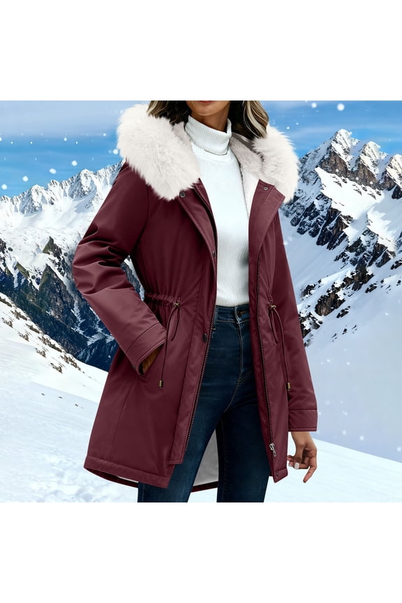 Women's Winter Parka Coats Soft Fleece Sherpa Lined Drawstring Snow Jacket With Hood Wine XXL