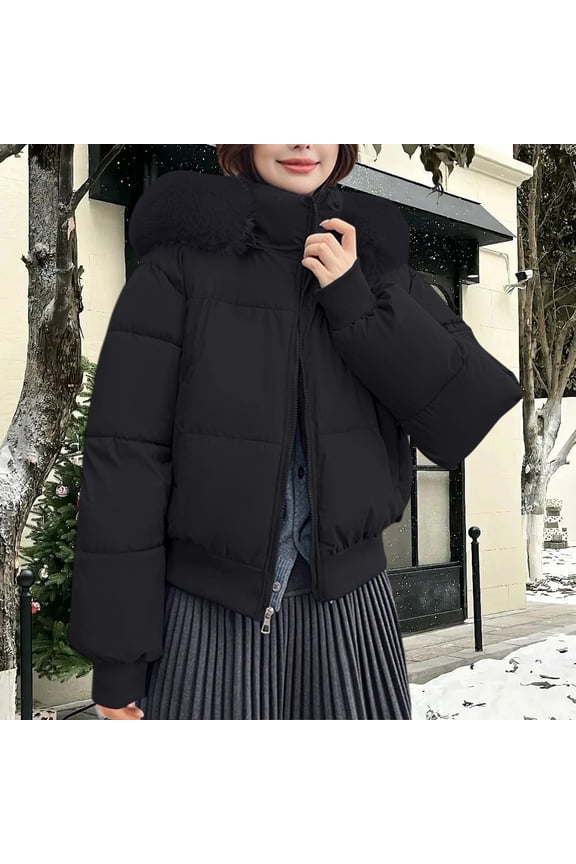 Women's Winter Parka with Fur Collar, Thickened Warm Puffer Style Cotton Coat, Thermal Short Jacket for Cold Weather, Classic Bomber Style Outerwear, Comfortable Casual Winter Jacket for Women Black