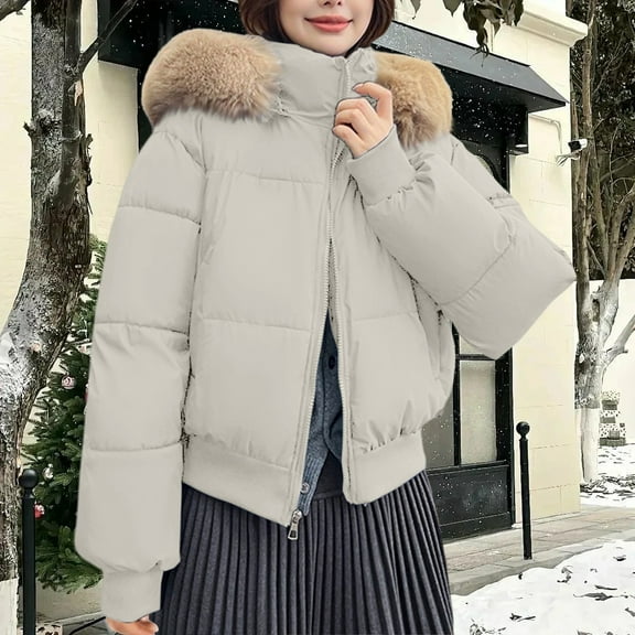 Women's Winter Parka with Fur Collar, Thickened Warm Puffer Style Cotton Coat, Thermal Short Jacket for Cold Weather, Classic Bomber Style Outerwear, Comfortable Casual Winter Jacket for Women Khaki