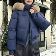 thumbnail image 1 of Women's Winter Parka with Fur Collar, Thickened Warm Puffer Style Cotton Coat, Thermal Short Jacket for Cold Weather, Classic Bomber Style Outerwear, Comfortable Casual Winter Jacket for Women Blue, 1 of 5