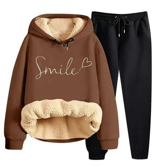 Women's Winter Pile Thickened Warm Solid Color Color Cardigan Sherbet Hooded Sweatshirt Jacket Pants Two Piece Set