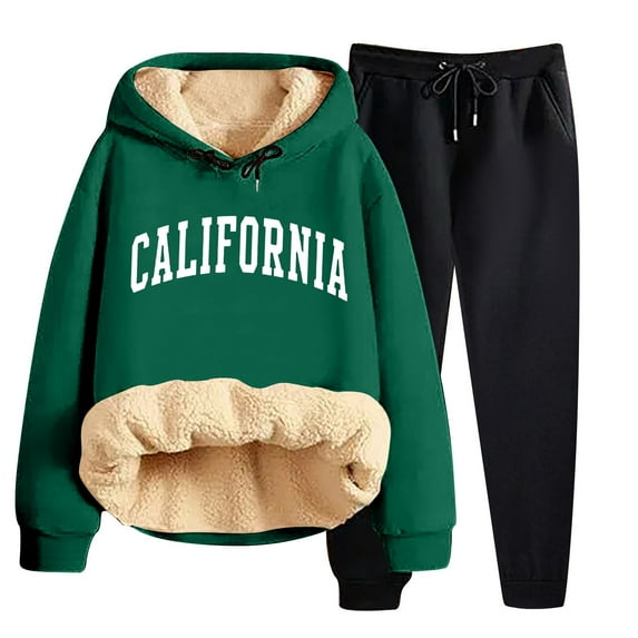 Women's Winter Pile Thickened Warm Solid Color Color Cardigan Sherbet Hooded Sweatshirt Jacket Pants Two Piece Set