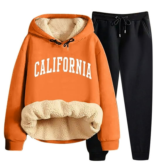 Women's Winter Pile Thickened Warm Solid Color Color Cardigan Sherbet Hooded Sweatshirt Jacket Pants Two Piece Set