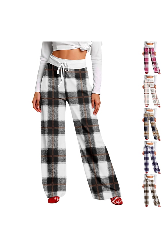 Women's Winter Plaid Print Drawstring Casual Sports Pants, Camel, XXXL