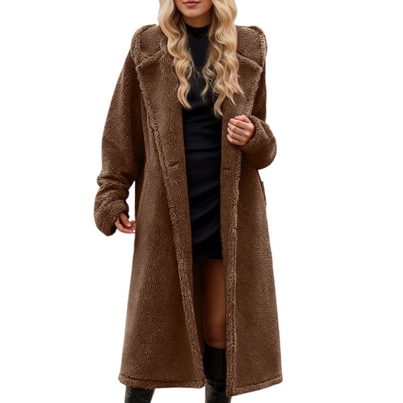 Women's Winter Plus Size Trench Coat Long Sleeve Plush Coat Color: Coffee Size: XXL
