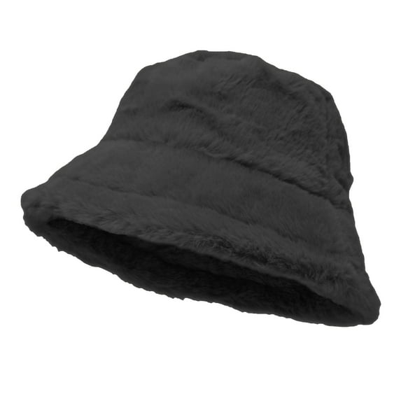 Women's Winter Plush Fluffy Bucket Hat Warm Faux Fur Lining Cozy Wide Brim Cap Black