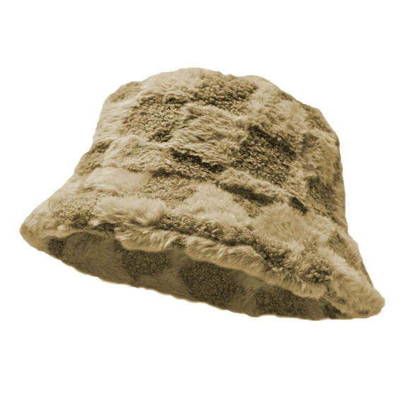 Women's Winter Plush Fluffy Bucket Hat Warm Faux Fur Lining Cozy Wide Brim Cap Check Beige
