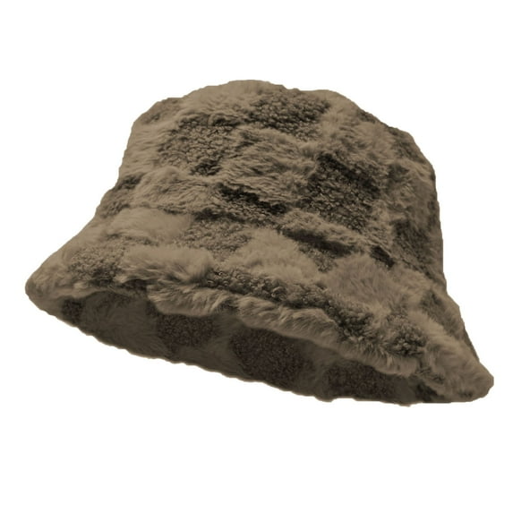 Women's Winter Plush Fluffy Bucket Hat Warm Faux Fur Lining Cozy Wide Brim Cap Check Coffee