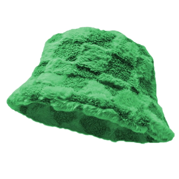 Women's Winter Plush Fluffy Bucket Hat Warm Faux Fur Lining Cozy Wide Brim Cap Check Green