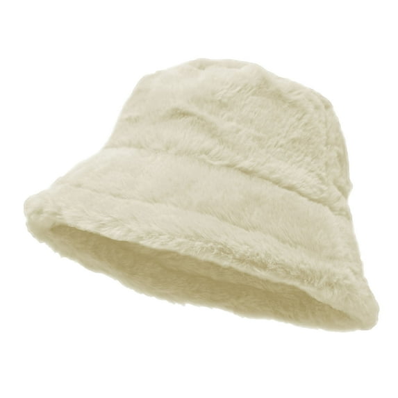 Women's Winter Plush Fluffy Bucket Hat Warm Faux Fur Lining Cozy Wide Brim Cap Ivory
