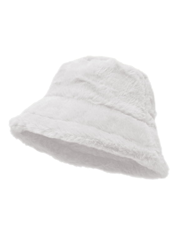 Women's Winter Plush Fluffy Bucket Hat Warm Faux Fur Lining Cozy Wide Brim Cap White