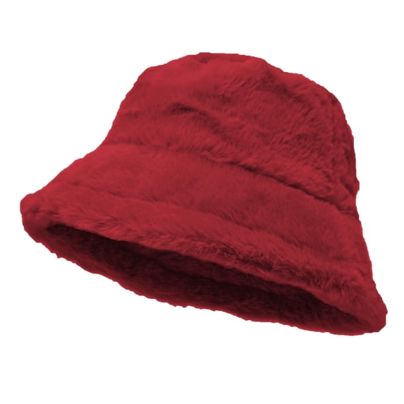 Women's Winter Plush Fluffy Bucket Hat Warm Faux Fur Lining Cozy Wide Brim Cap Wine Red