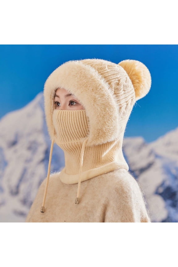 Women's Winter Plush Hat with Integrated Face Mask, Scarf Hood Combination for Cold Weather, Thick Fleece Lined Knit Beanie with Neck Coverage, Warm Ear Protection Mask Hat for Women - Beige