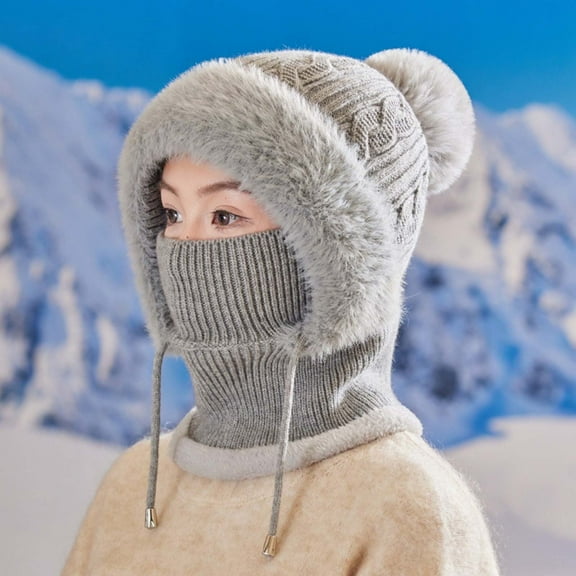 Women's Winter Plush Hat with Integrated Face Mask, Scarf Hood Combination for Cold Weather, Thick Fleece Lined Knit Beanie with Neck Coverage, Warm Ear Protection Mask Hat for Women - Grey