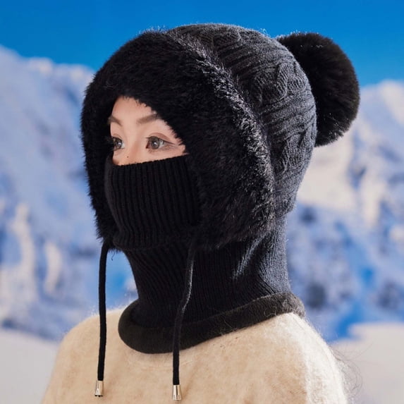 Women's Winter Plush Hat with Integrated Face Mask, Scarf Hood Combination for Cold Weather, Thick Fleece Lined Knit Beanie with Neck Coverage, Warm Ear Protection Mask Hat for Women - Black