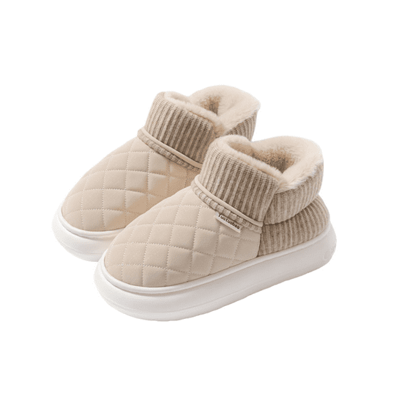 Women’s Winter Plush Lined Warm Cotton Slippers, Thick Platform Non-Slip Indoor Outdoor Shoes, Cozy Fleece Lined Home Loafers with Heel, Waterproof Sole House Shoes for Cold Weather Gift