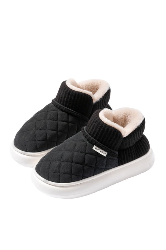 Women’s Winter Plush Lined Warm Cotton Slippers, Thick Platform Non-Slip Indoor Outdoor Shoes, Cozy Fleece Lined Home Loafers with Heel, Waterproof Sole House Shoes for Cold Weather Gift