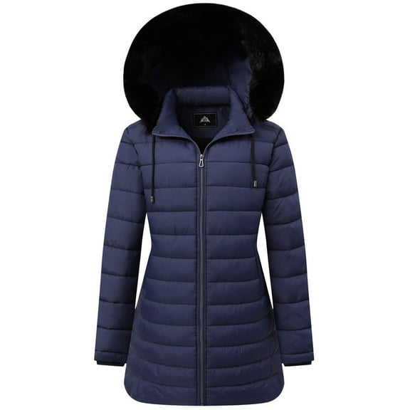 Winter Coats for Women Thicken Fleece Lined Puffer Coat Waterproof Hooded Snow Jacket, Navy L