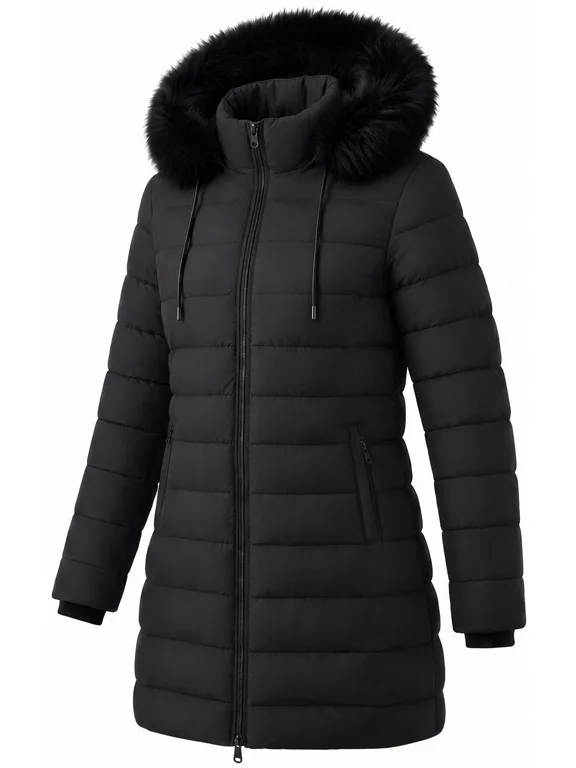 Women's Winter Coats Long Warm Thicken Puffer Jackets Outwear With Removable Faux Fur Hood, Black XL