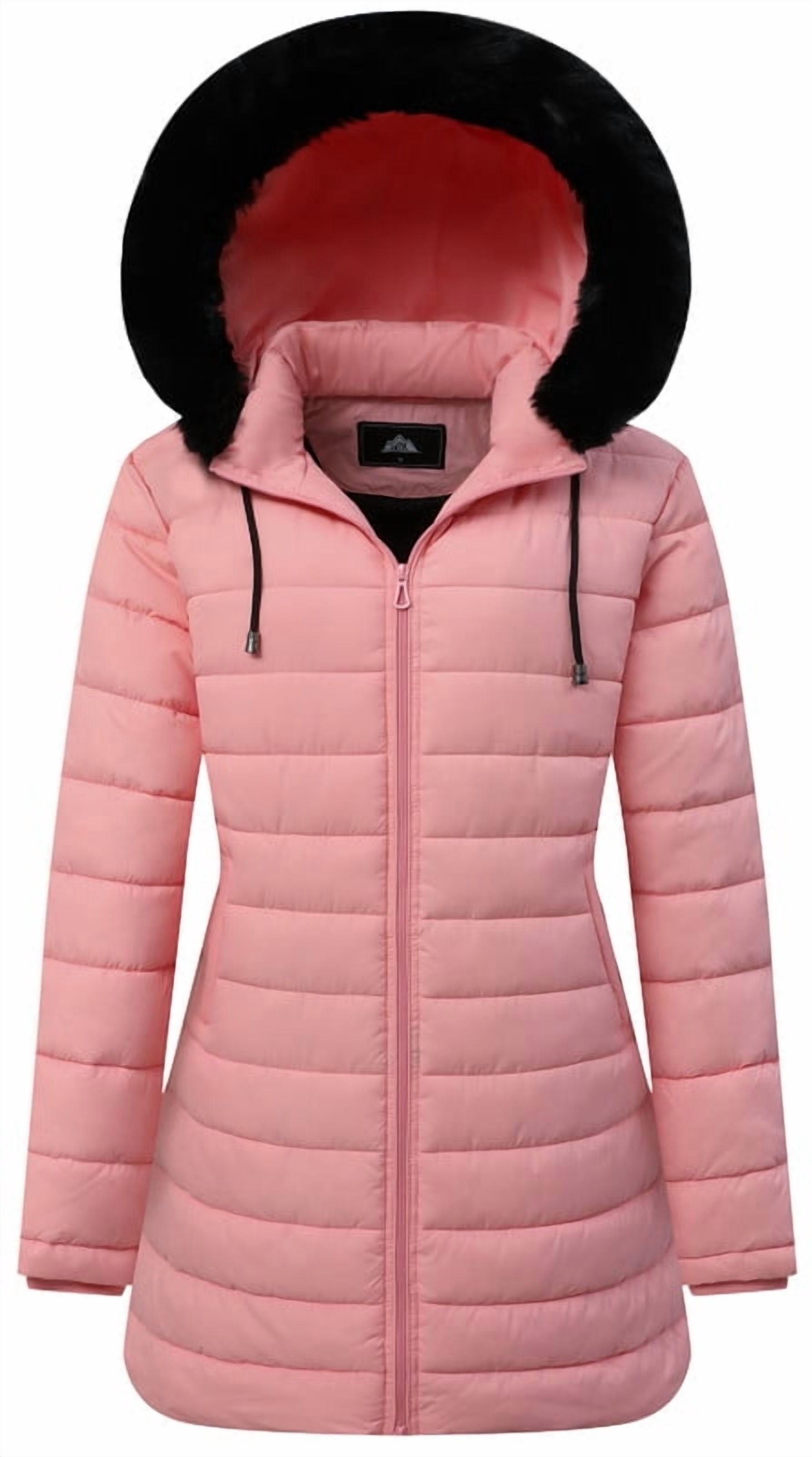 Women's Long Winter Coats Thicken Fleece Lined Parka Down Puffer Jacket With Faux Fur Detachable Hood, Pink L