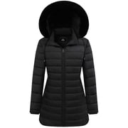 Winter Down Puffer Coat Warm Hooded Down Jacket for Women with Faux Fur Trim Hood, Black S