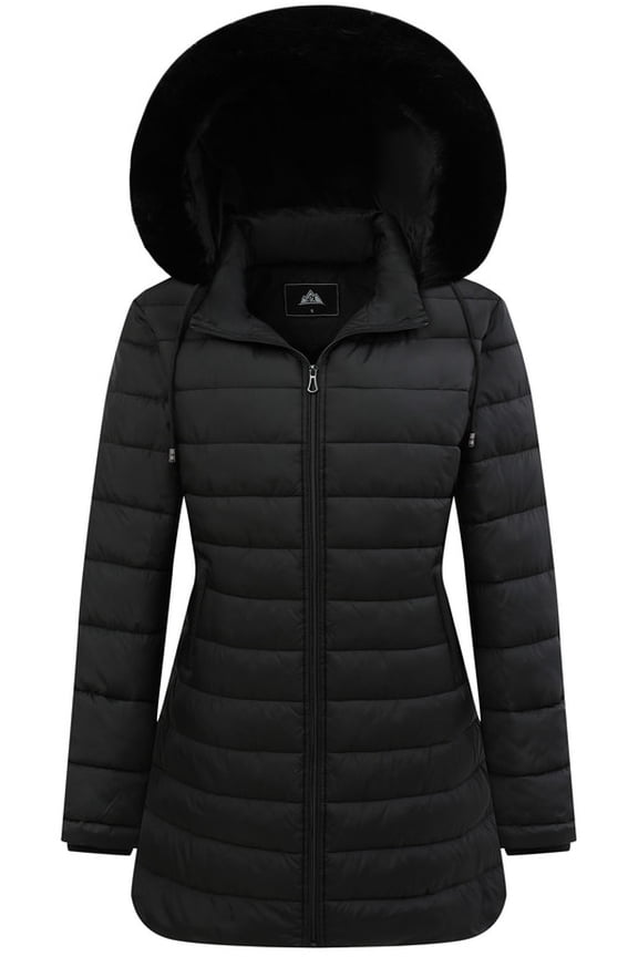Winter Down Puffer Coat Warm Hooded Down Jacket for Women with Faux Fur Trim Hood, Black S
