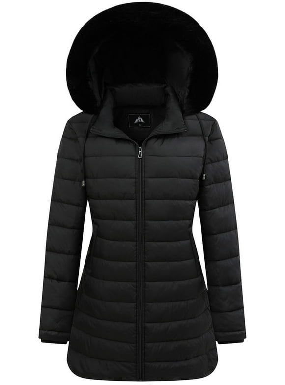 Winter Down Puffer Coat Warm Hooded Down Jacket for Women with Faux Fur Trim Hood, Black S