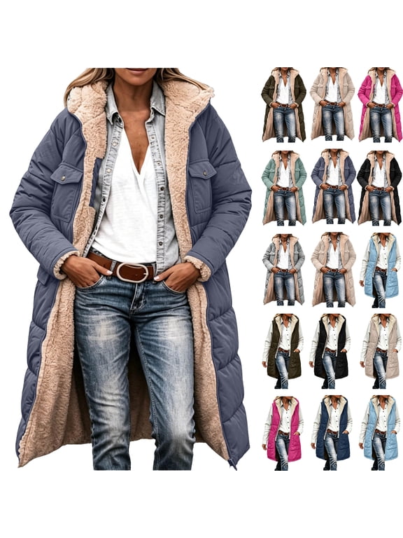 Women's Winter Puffer Coat Thicken Fleece Lined Down Jacket Women's Winter Casual Loose Fashion Color Pocket Zippered Tops Reversible Long Coat