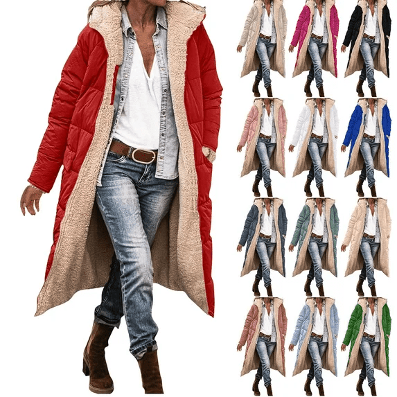 Women's Winter Puffer Coat Thicken Fleece Lined Down Jacket Women's Winter Casual Loose Fashion Color Pocket Zippered Tops Reversible Long Coat Red 2XL