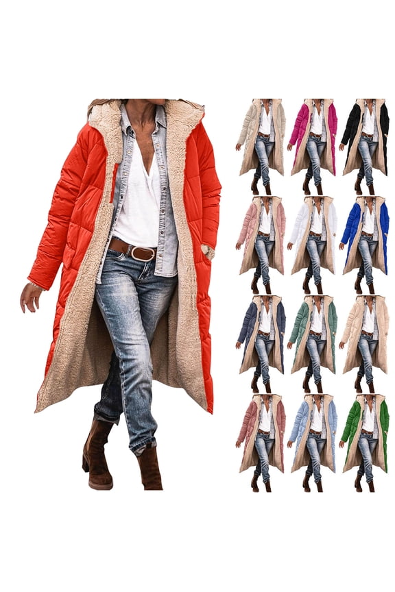 Women's Winter Puffer Coat Thicken Fleece Lined Down Jacket Women's Winter Casual Loose Fashion Color Pocket Zippered Tops Reversible Long Coat Orange M