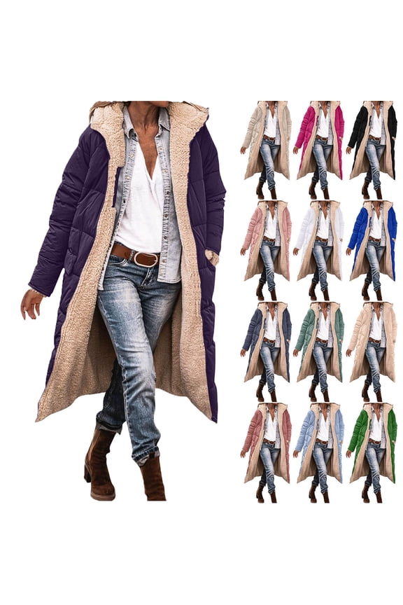 Women's Winter Puffer Coat Thicken Fleece Lined Down Jacket Women's Winter Casual Loose Fashion Color Pocket Zippered Tops Reversible Long Coat Purple 4XL