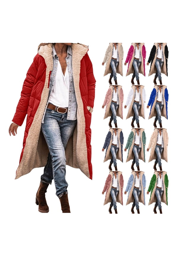 Women's Winter Puffer Coat Thicken Fleece Lined Down Jacket Women's Winter Casual Loose Fashion Color Pocket Zippered Tops Reversible Long Coat Red XL