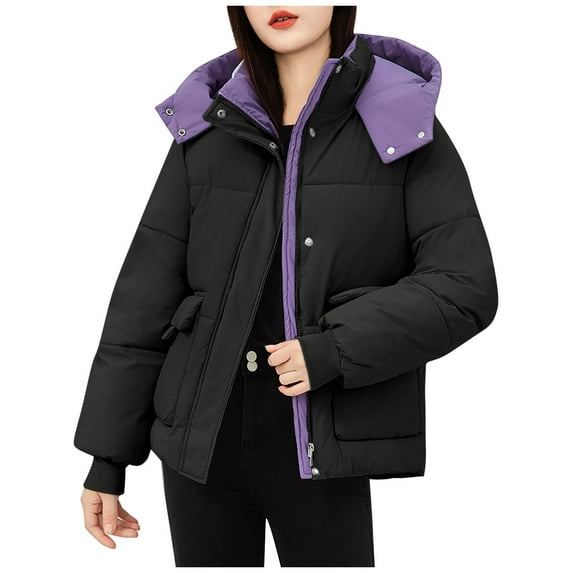 Women's Winter Puffer Hooded Coat Zip-up Thick Fleece Warm Jacket Oversized Winter Long Sleeve Outerwear Color Block Coats