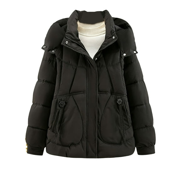 Women's Winter Puffer Jacket Detachable Hooded Jacket Casual Snow Coat with Pockets Black XL