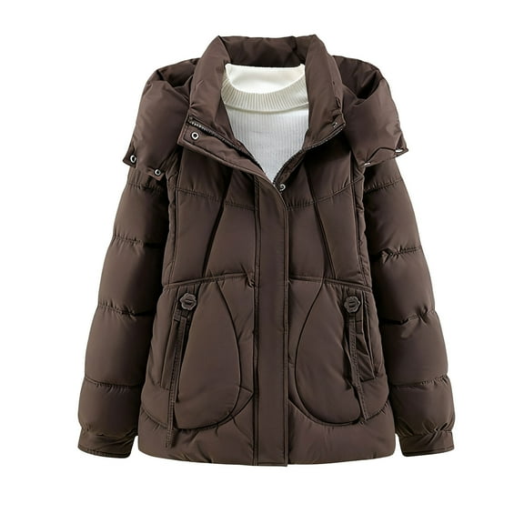 Women's Winter Puffer Jacket Detachable Hooded Jacket Casual Snow Coat with Pockets Coffee XL