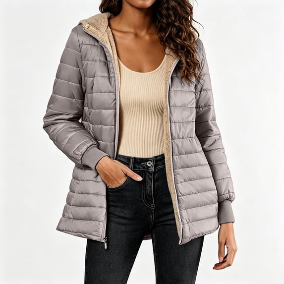 Women's Winter Puffer Jacket Hooded Fleece Lined Zip Up Mid-Length Quilted Coat Loose Fit Outerwear with Pockets for Work Daily Wear Fall Winter