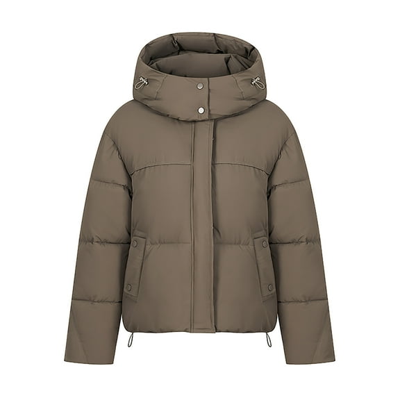 Women's Winter Puffer Jacket Hooded Zip Up Short Warm Quilted Hooded Puffer Coat Long Sleeve Zip Up Jackets Outerwear (L, Brown)