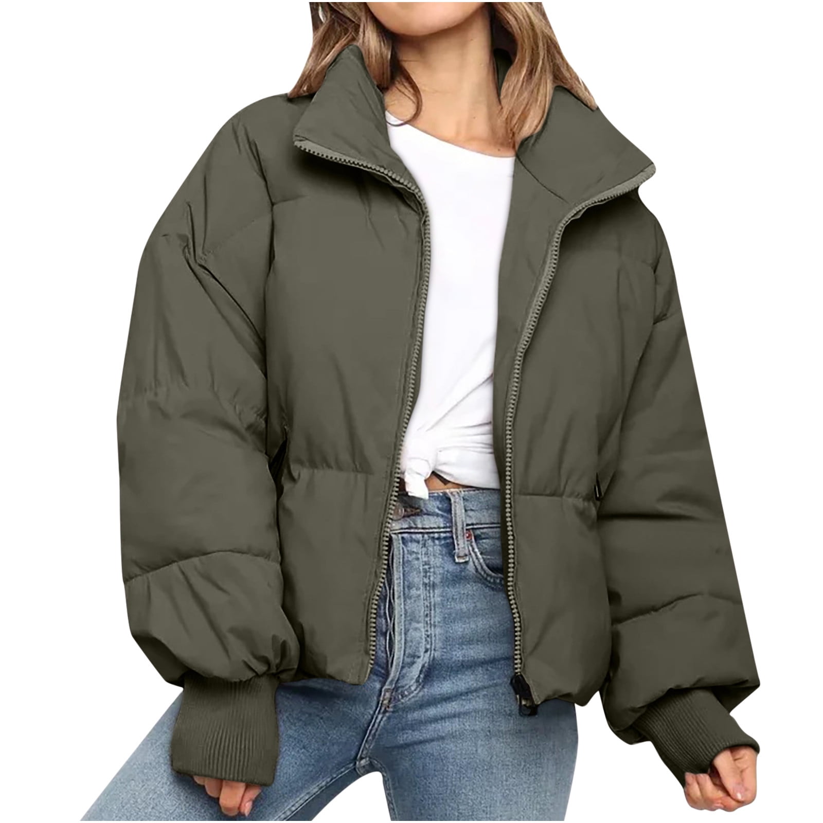 Women's Winter Puffer Jacket Zip Up Baggy Short Coat Solid Color