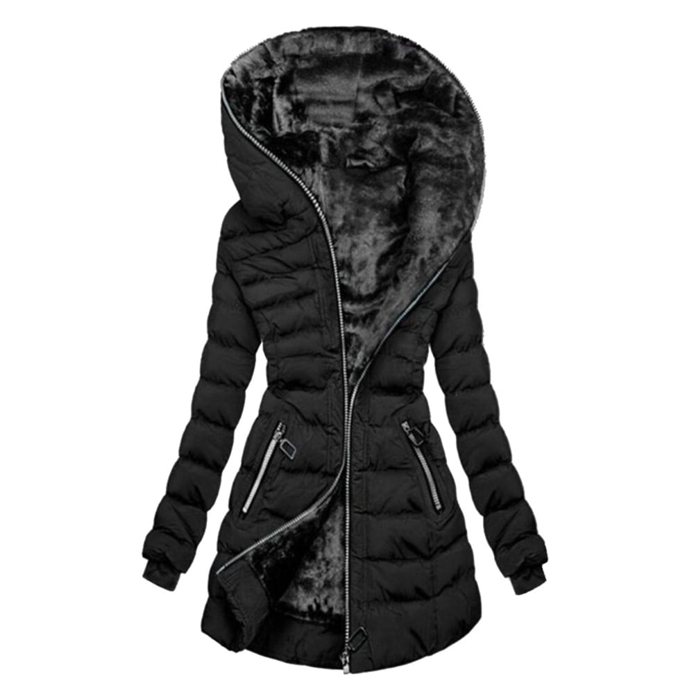 Women's Winter Puffer Jackets Plush Lined MidLength Full Zip Coat with Hood2XL/Black