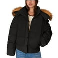 thumbnail image 1 of Women's Winter Puffer Jackets Short Varsity Jacket Oversized Coat with Faux Fur Hood Black S, 1 of 6