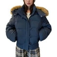 thumbnail image 1 of Women's Winter Puffer Jackets Short Varsity Jacket Oversized Coat with Faux Fur Hood Navy L, 1 of 4